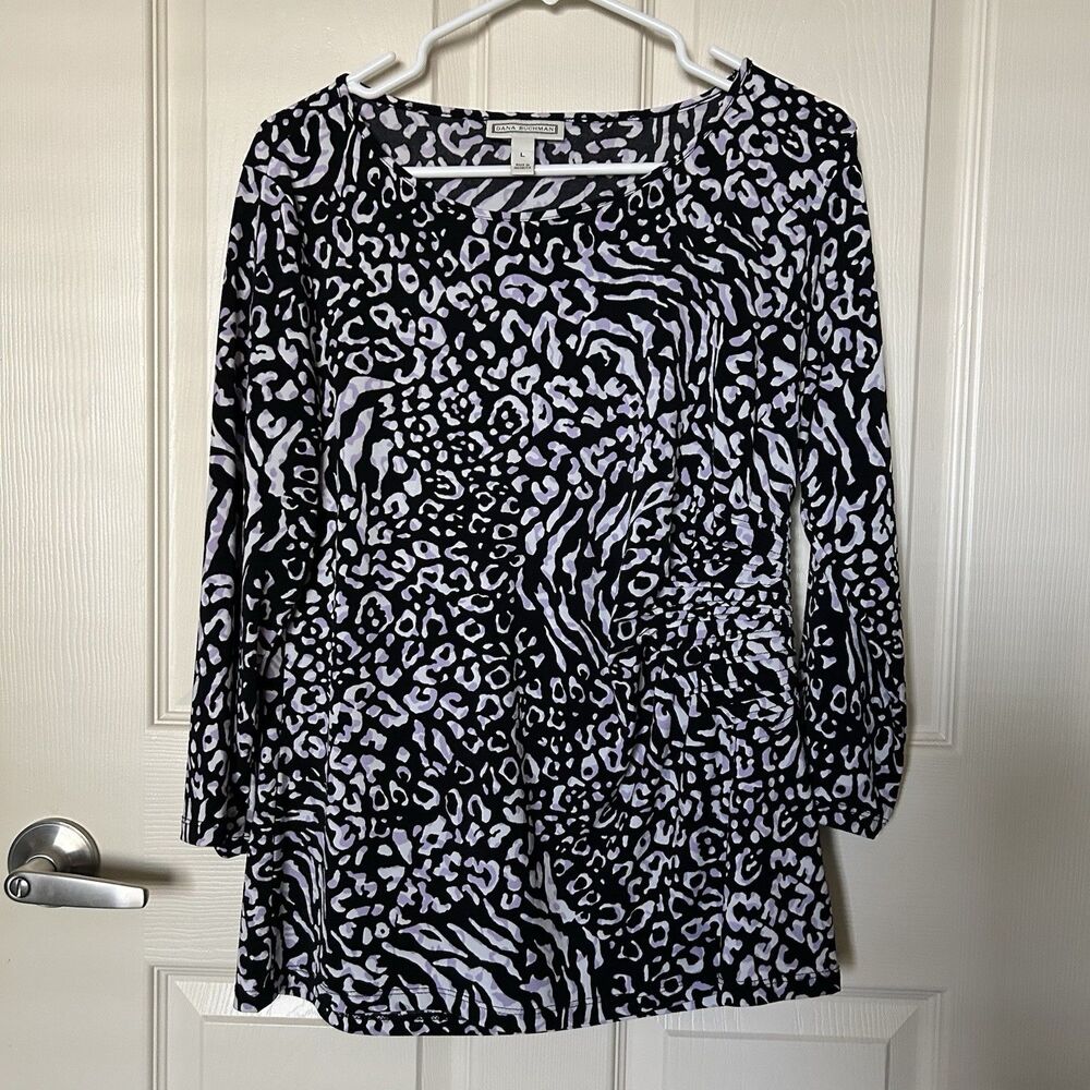 Dana Buchman Women’s Large Animal Print Ruched Side Knit Top 3/4 Sleeve Preppy